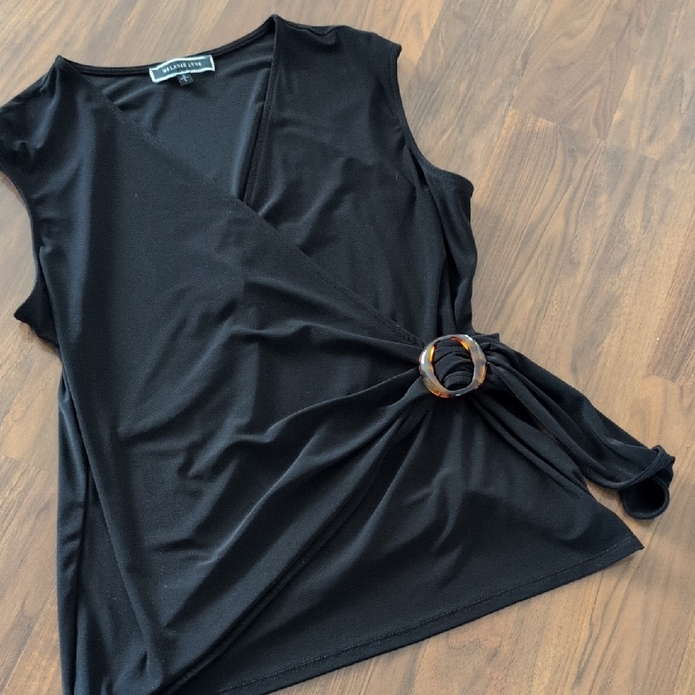 Karen Kane Black Sleeveless Faux-Wrap Top with Tortoise Ring Detail
